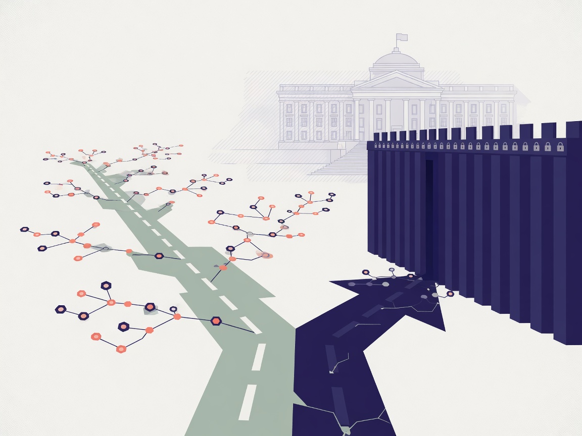 Abstract illustration of diverging paths, one open with scattered nodes and one enclosed behind a barrier, with a government building silhouette.