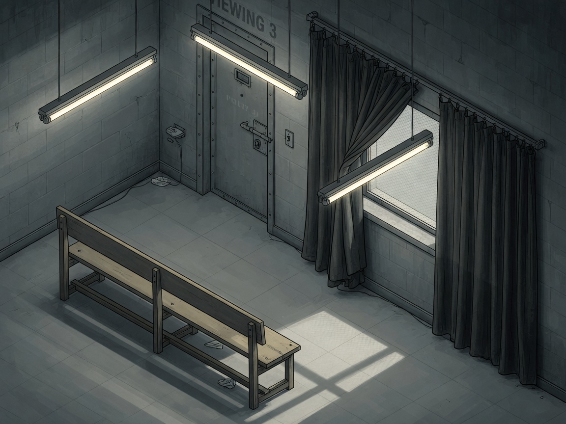 Conceptual illustration of a prison execution viewing room with a drawn curtain and empty witness area.