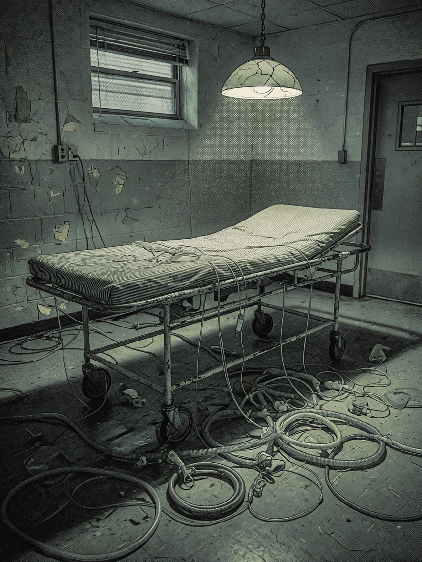 Illustration of an empty execution chamber gurney with scattered medical tubing in shadow.