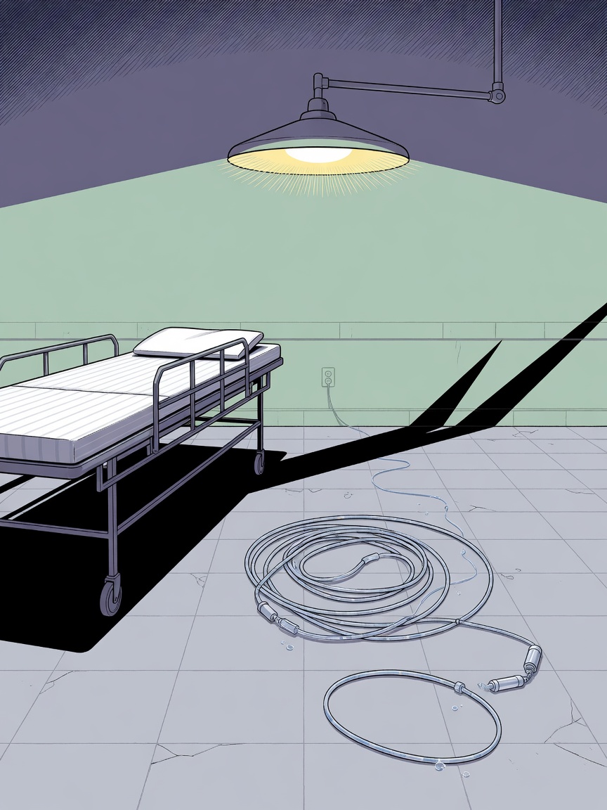Illustration of an empty execution chamber with discarded medical equipment