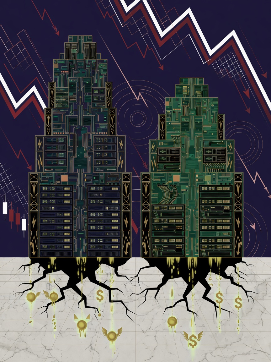 Illustration of two circuit-board towers cracking at their foundations with dollar signs draining away against a backdrop of declining stock charts.