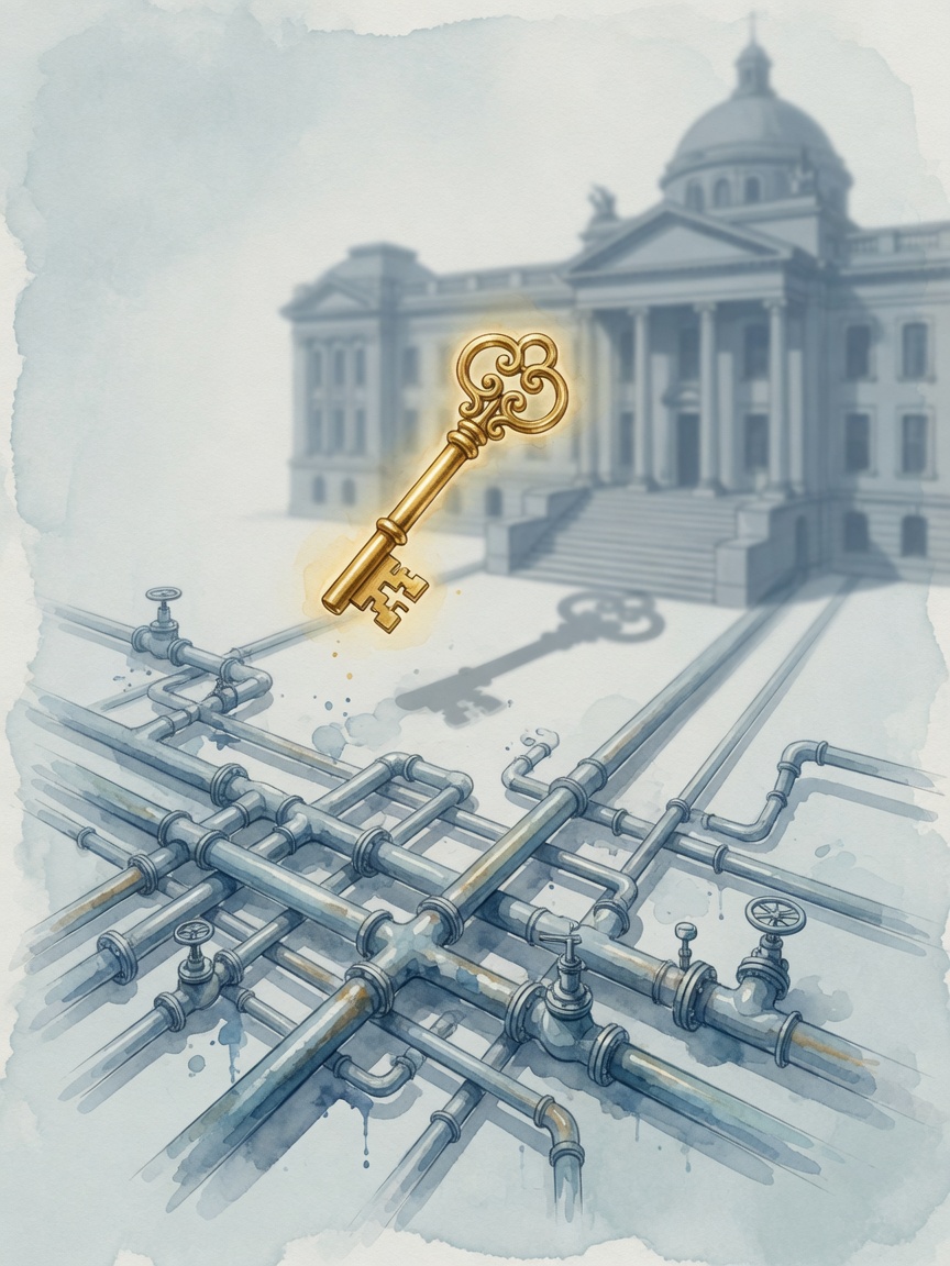 A golden key hovers over an arrangement of interconnected water pipes, with the silhouette of a parliamentary building faintly visible behind.
