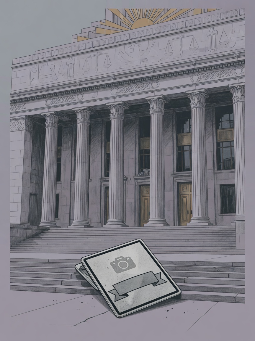 Illustration of a classical courthouse exterior with a disabled press credential badge lying on the pavement in the foreground