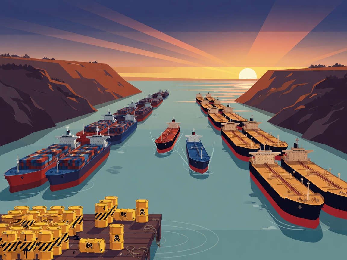 Illustration of a narrow maritime strait with tankers and cargo ships waiting to pass through, oil barrels on a nearby dock, under early morning light