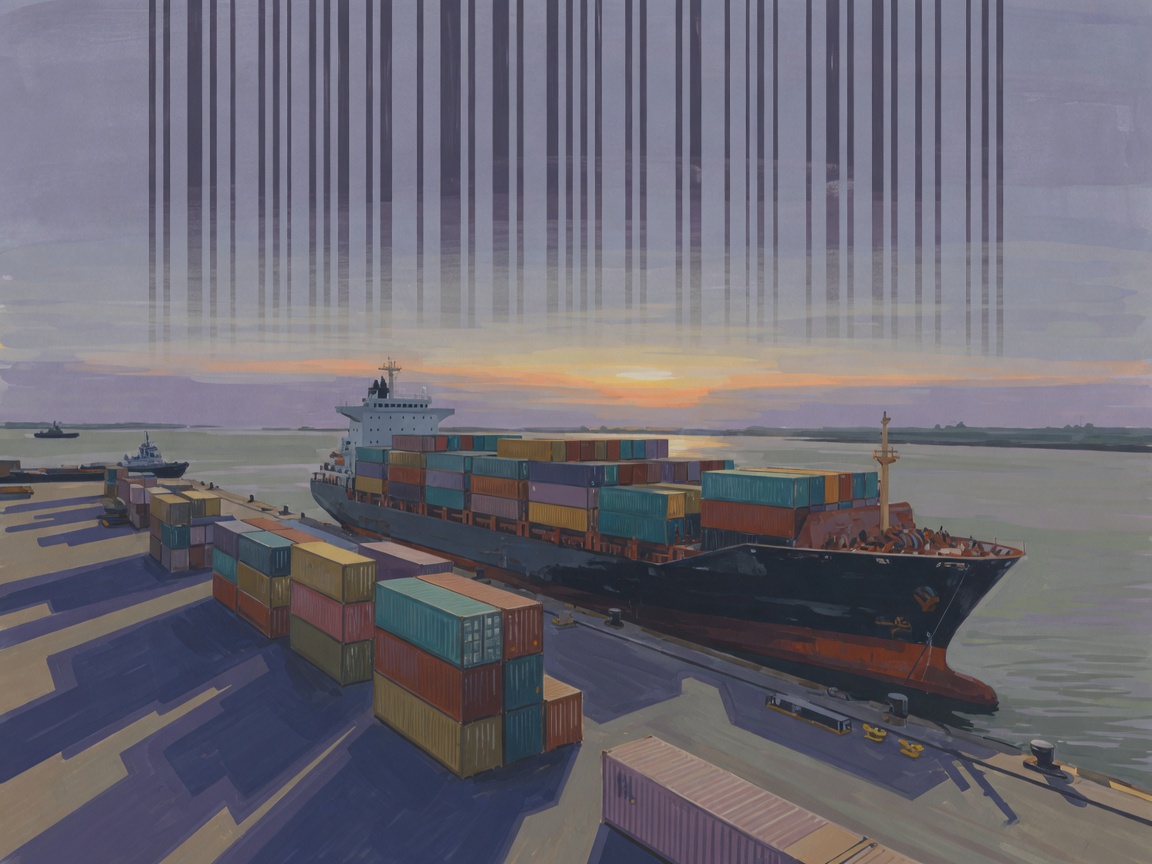 Illustration of a cargo ship with shipping containers at a port under a muted sky