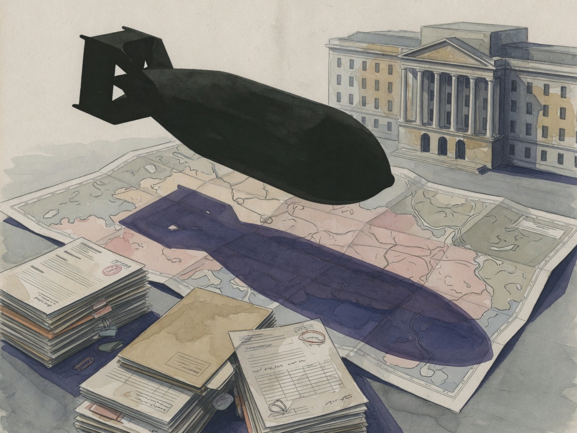 Silhouette of a large bomb casting a shadow over a map with government buildings in the background.