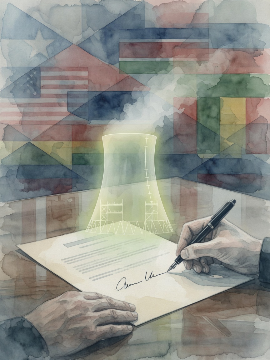 Two hands signing a document with a faint nuclear reactor silhouette emerging from the paper, overlaid with translucent flag shapes.