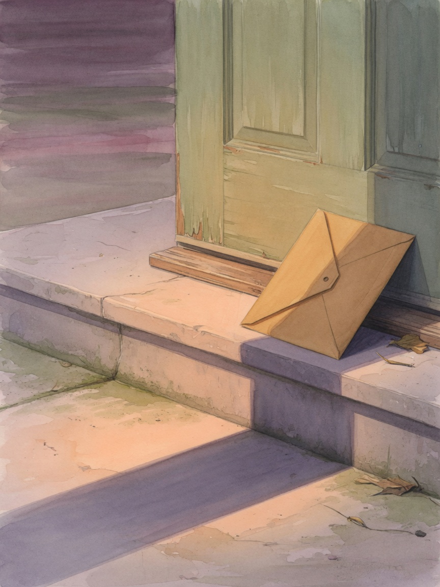 An illustration of a sealed manila envelope resting under a closed front door, lit by an overhead porch light.