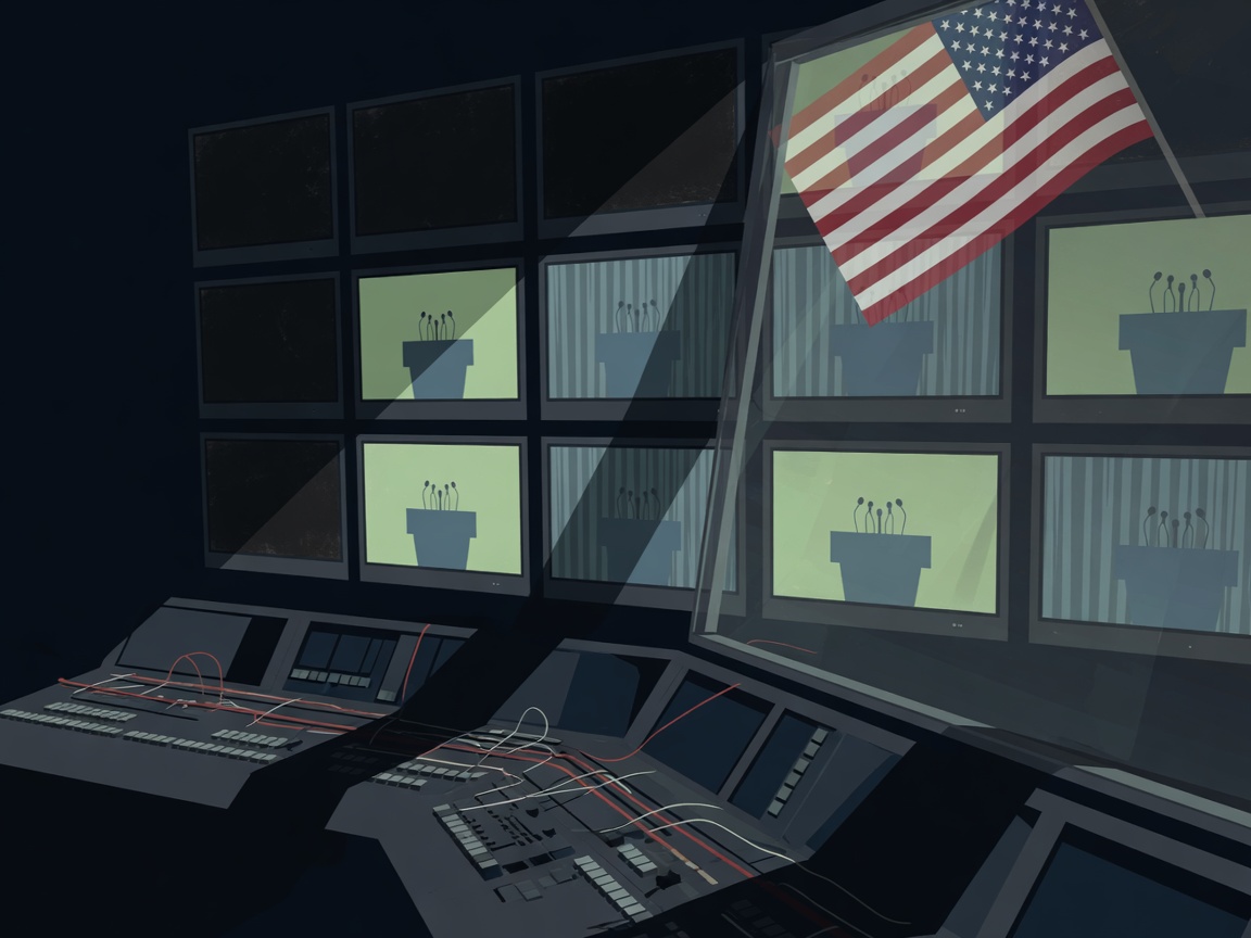 Illustration of a broadcast control room with monitors showing a podium and flag, some screens dark