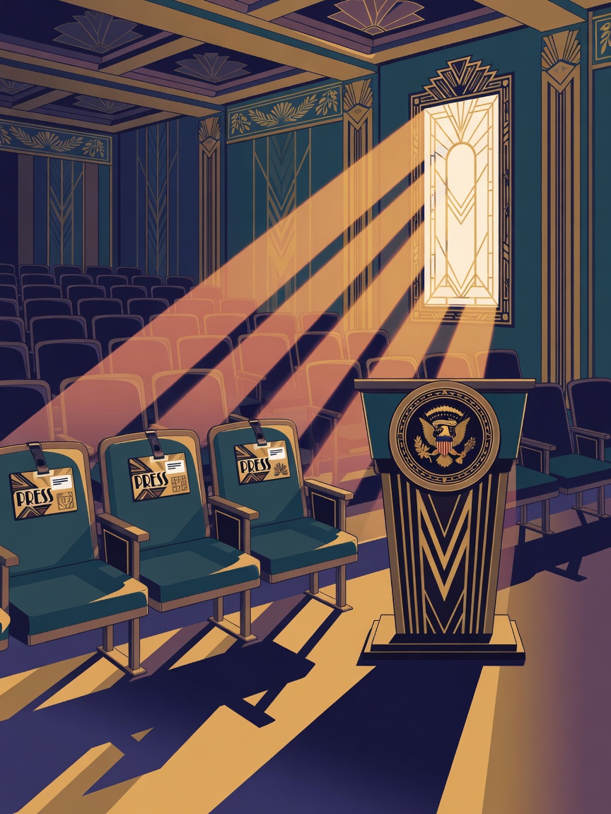 An illustration of a White House press briefing room with three vacant press seats and a presidential podium.
