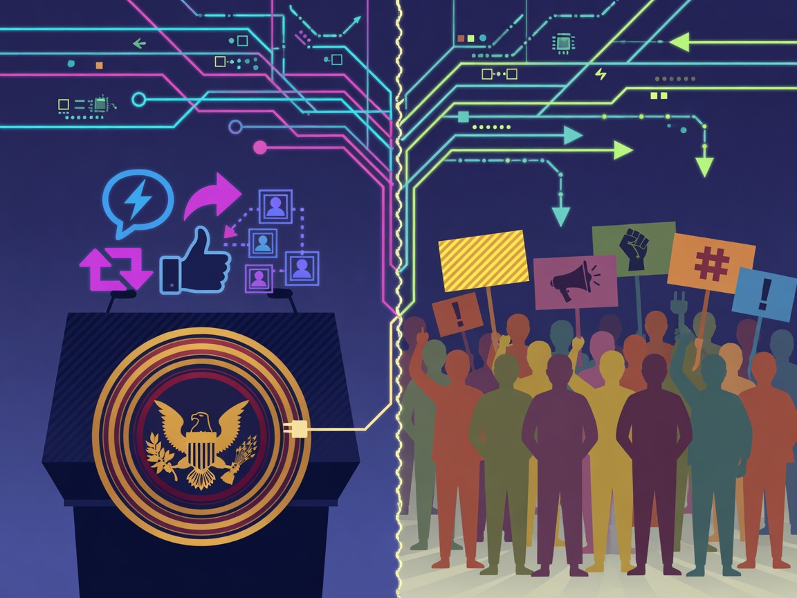 Conceptual illustration of a political divide over AI regulation, with a podium on one side and a crowd on the other connected by circuitry