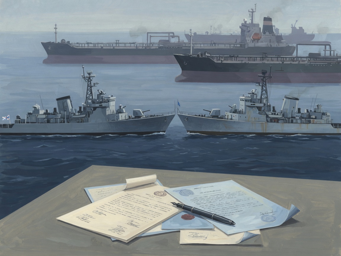 Illustration of naval ships and oil tankers in a narrow waterway with diplomatic papers on a nearby table.