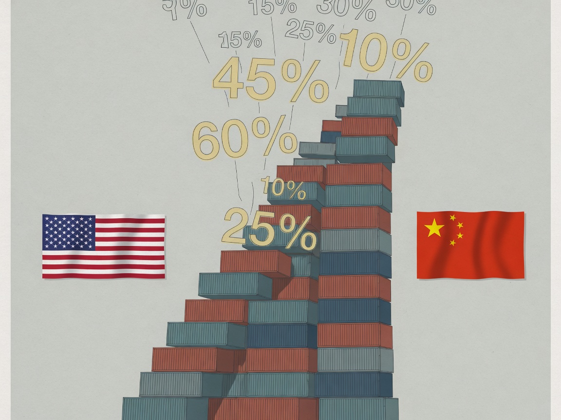 Two flags divided by a barrier of cargo containers with floating tariff symbols overhead.