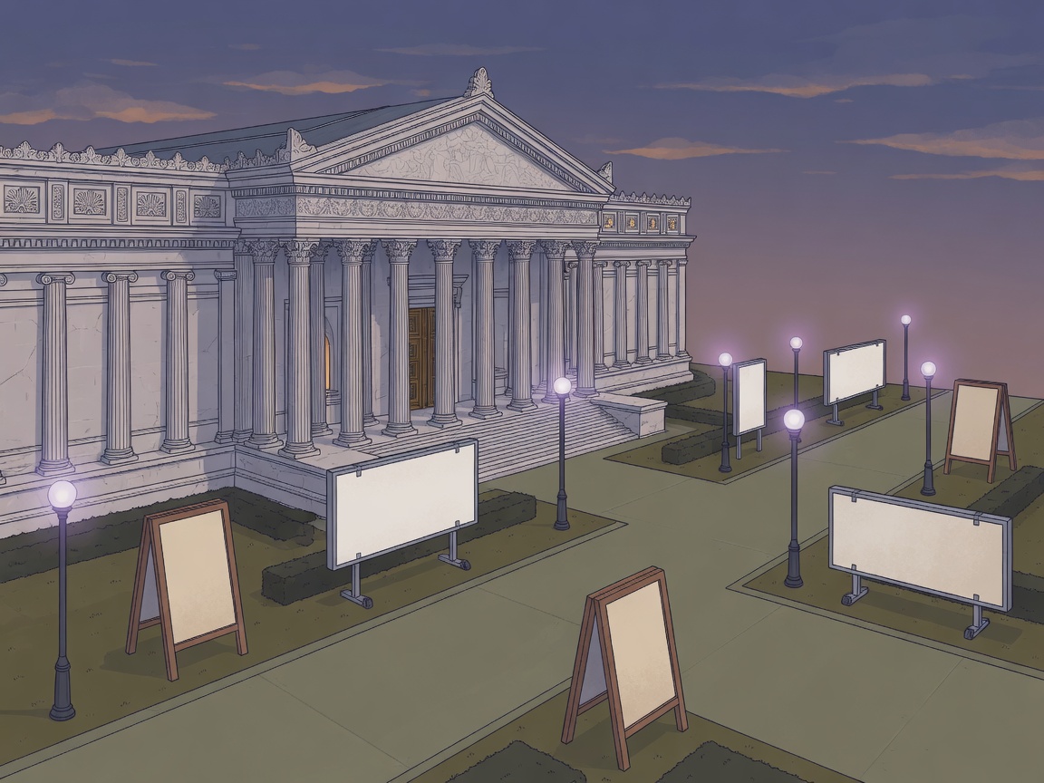 Illustration of a neoclassical museum facade with blank warning signboards placed along the entrance walkway
