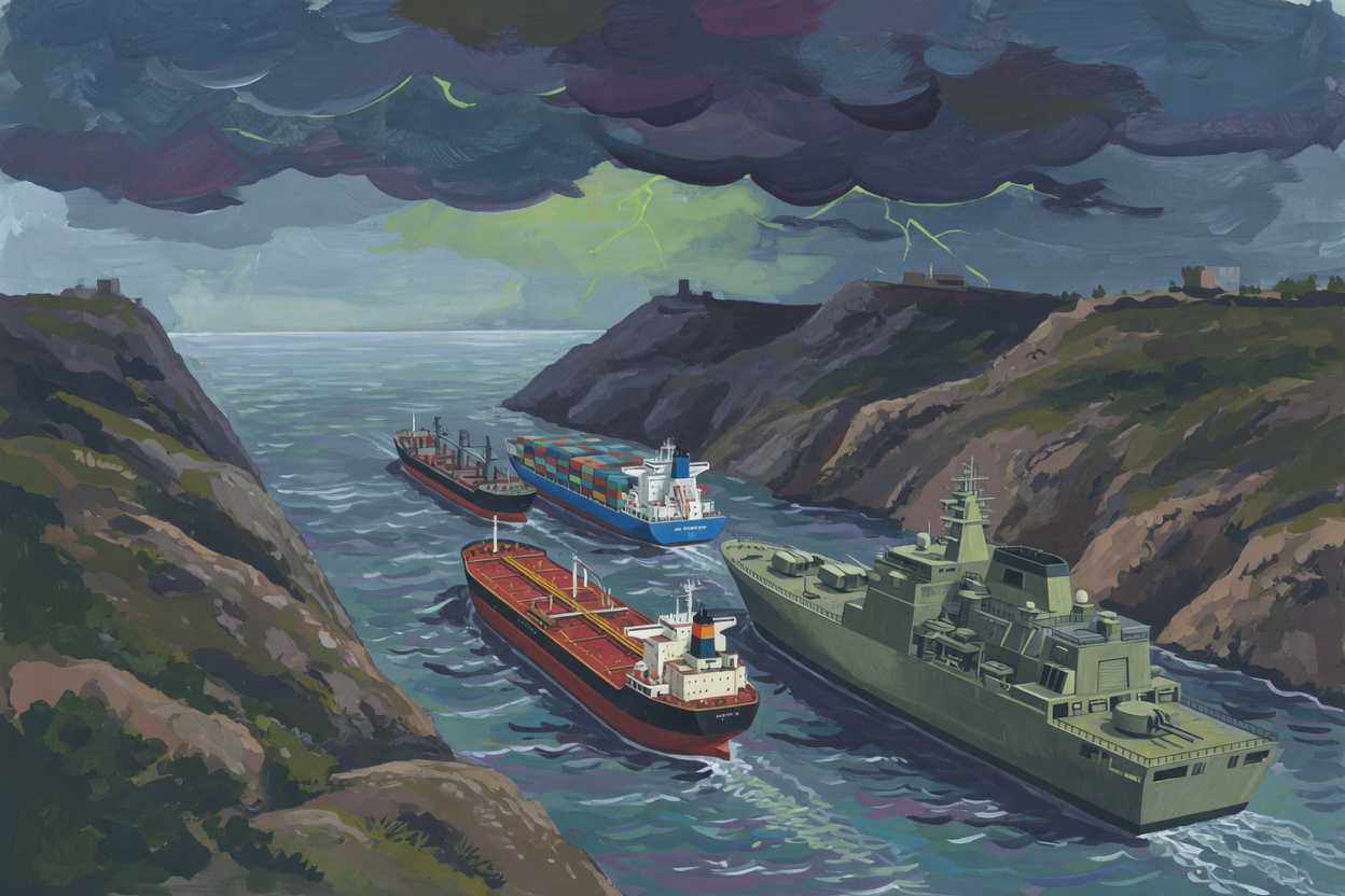 Editorial illustration of a narrow strait with cargo ships and a dominant naval vessel at its entrance under stormy skies.