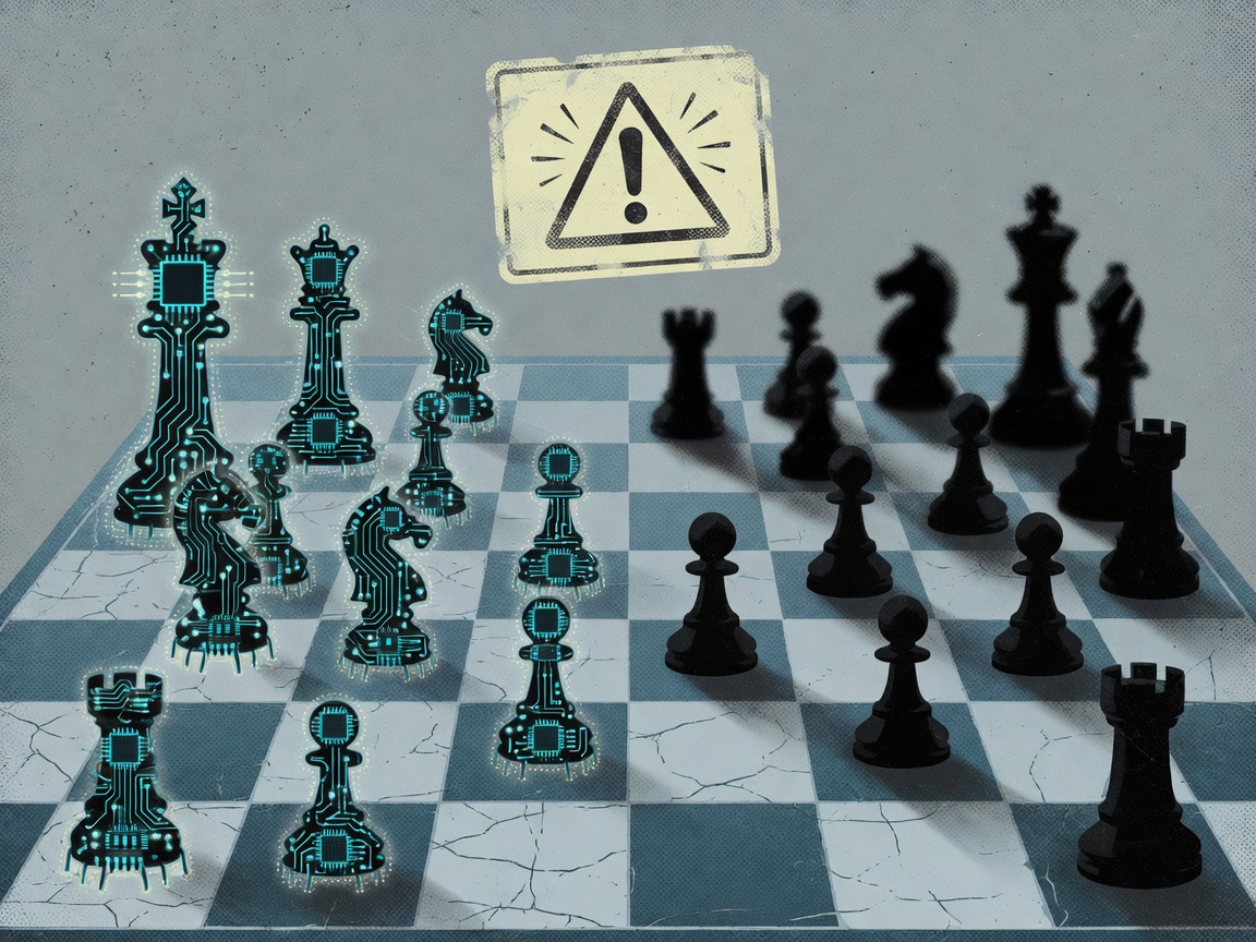 A chessboard with glowing electronic pieces on one side facing dark silhouettes on the other, a warning symbol floating above.