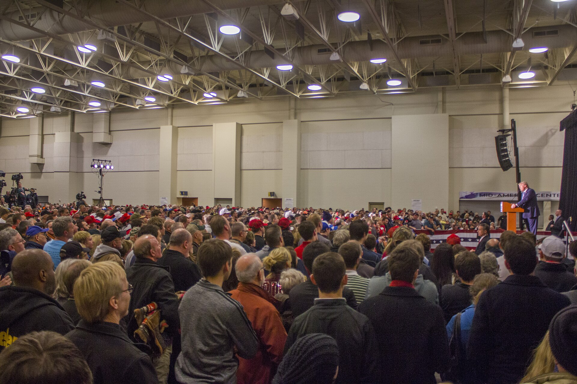 Presidential candidate Donald Trump speaks at a campaign stop at the Mid-America Center in Council Bluffs, Iowa.