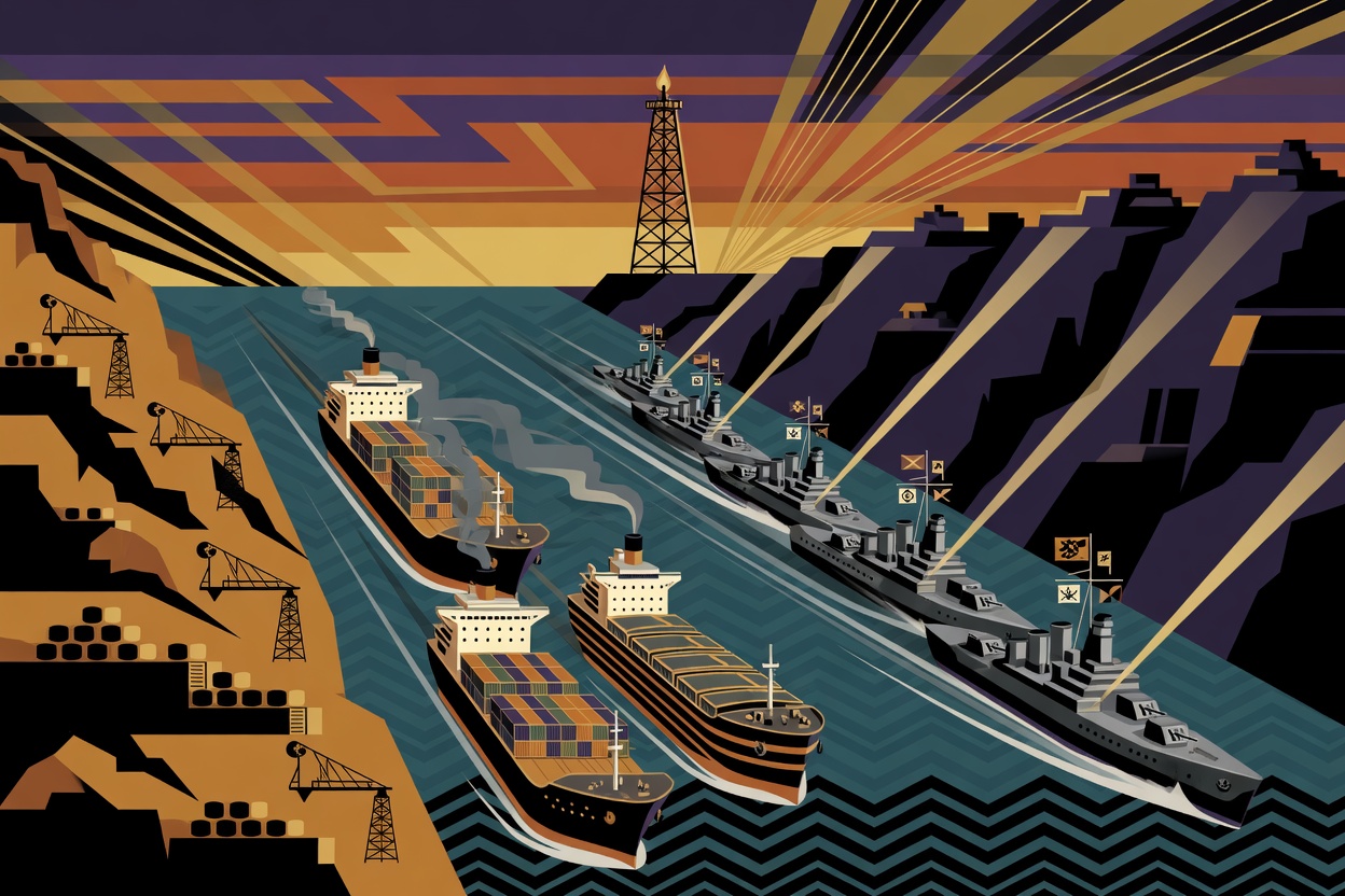 Illustration of a narrow strait with commercial tankers and military naval vessels, depicting a blockade scenario with an oil platform in the background.