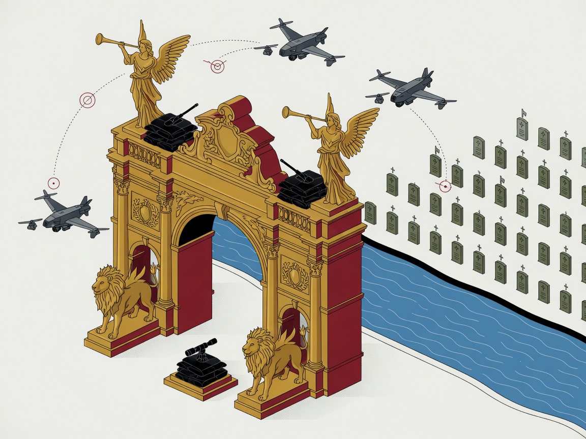 Illustration of a golden triumphal arch with military drones and sniper positions overlooking a river and a cemetery
