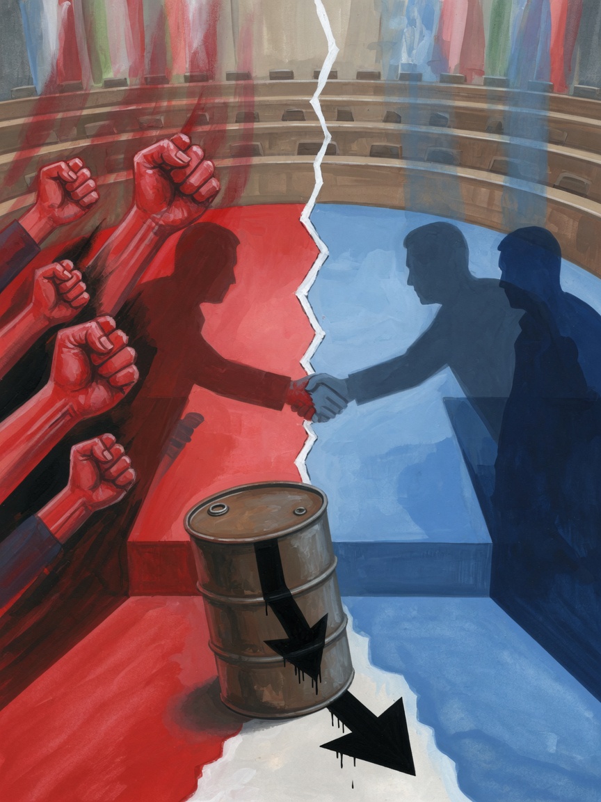An illustration depicting the tension between hostile rhetoric and mediated diplomacy at an international assembly, with a declining oil barrel in the foreground.