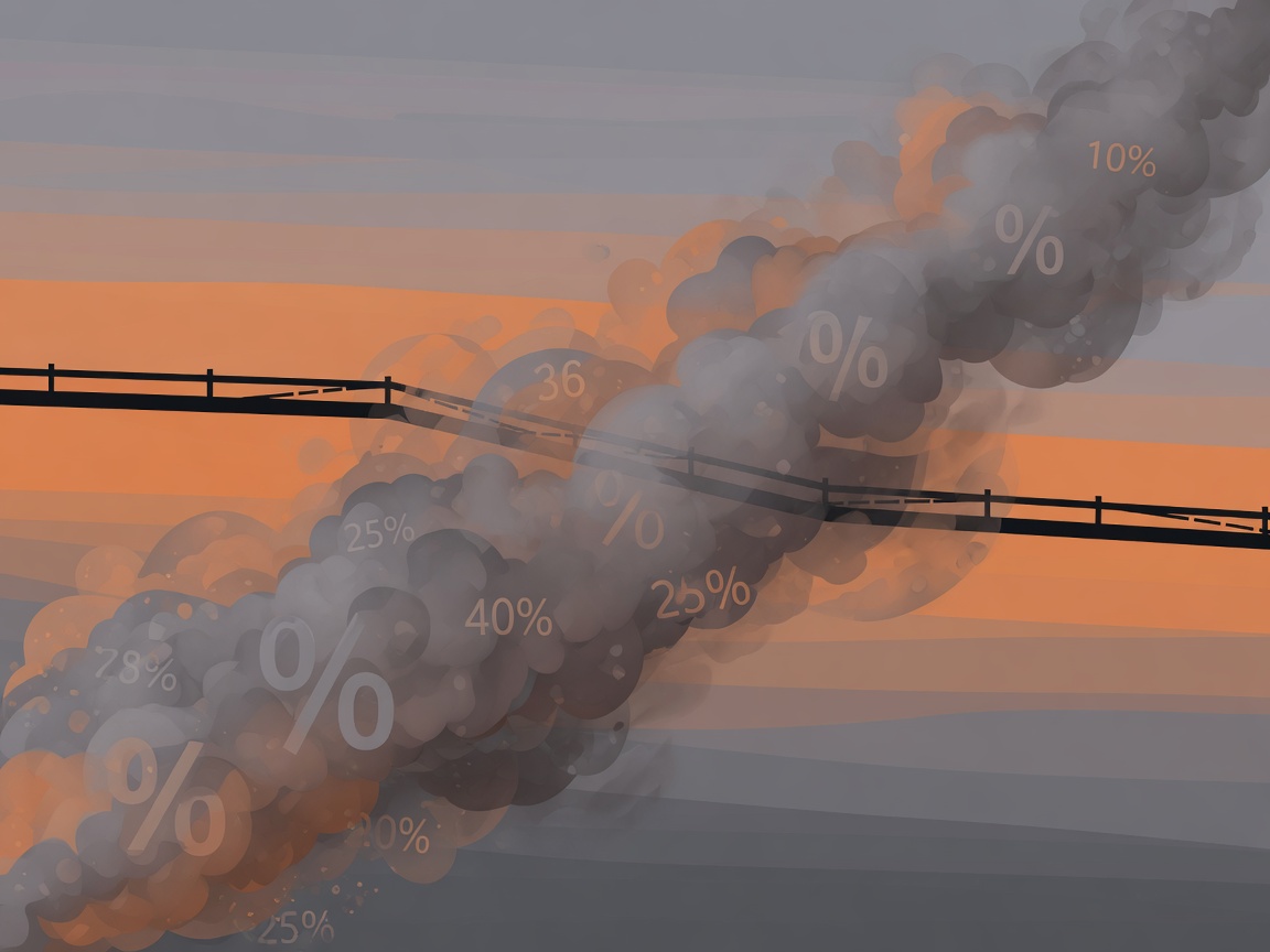 An abstract illustration showing smoke crossing a border line with tariff symbols floating in the haze, under a dim orange-gray sky.