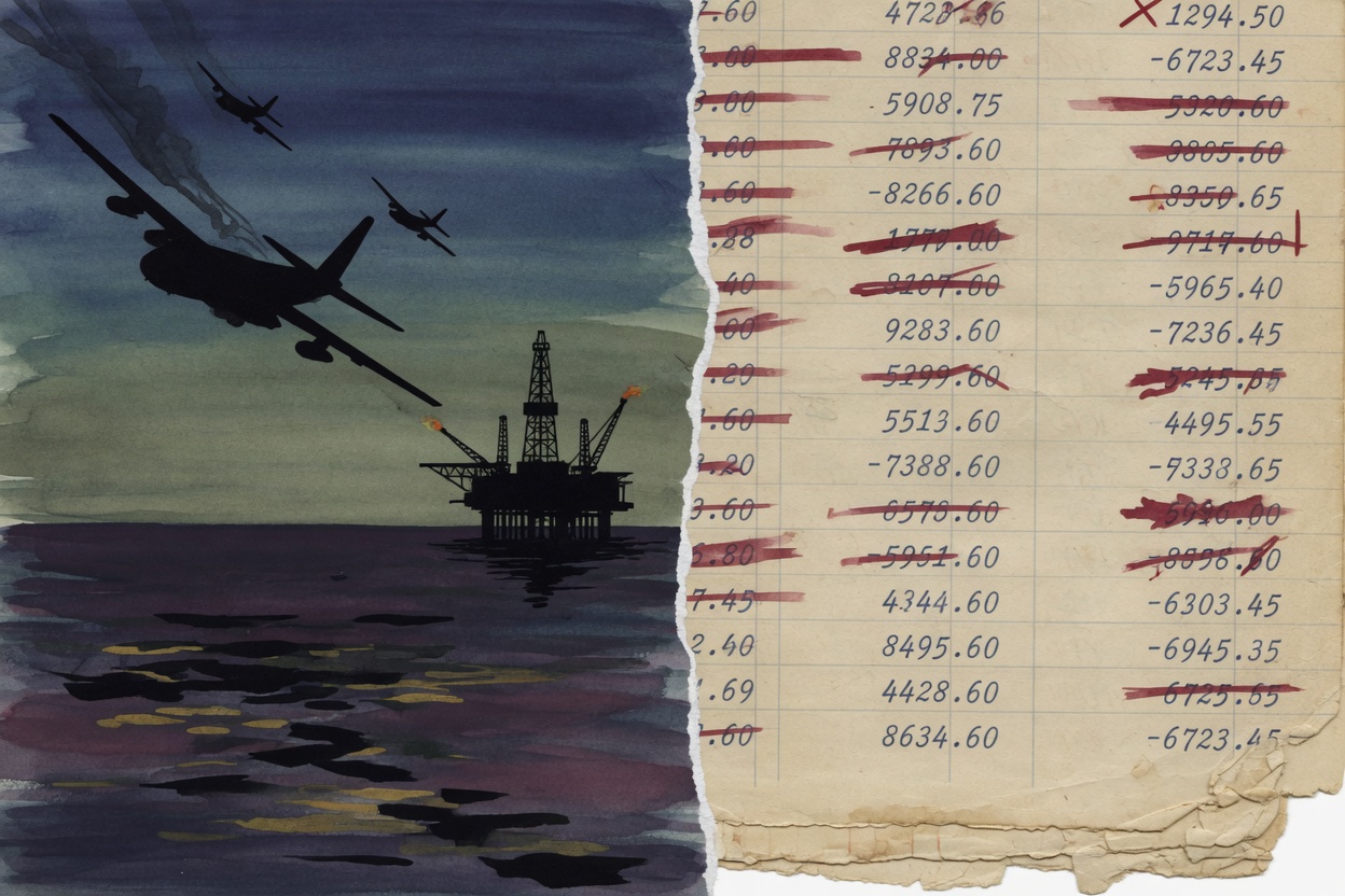 Illustration showing military aircraft over dark waters alongside a ledger with redacted entries