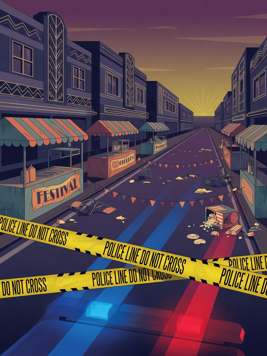 An illustration of a deserted street festival scene with police tape and emergency lighting.