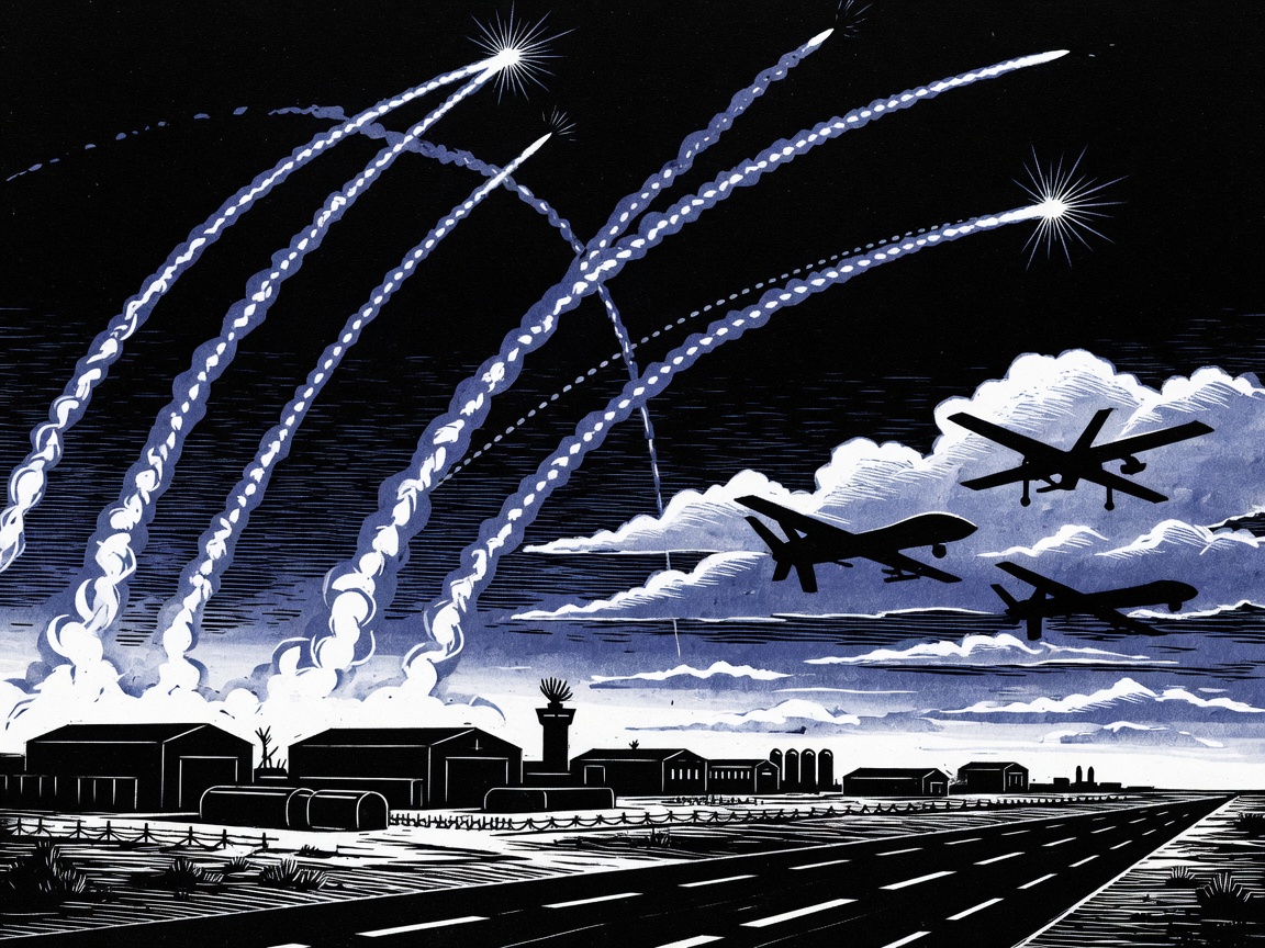 Missile trails and drone shadows over a desert airbase silhouette under a dark sky.