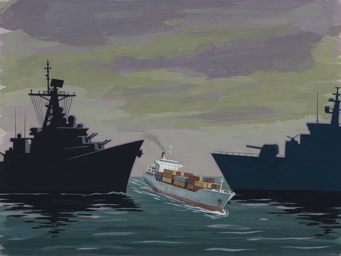 Two dark naval vessel silhouettes on opposite sides of a narrow waterway with a cargo ship between them under a grey sky.