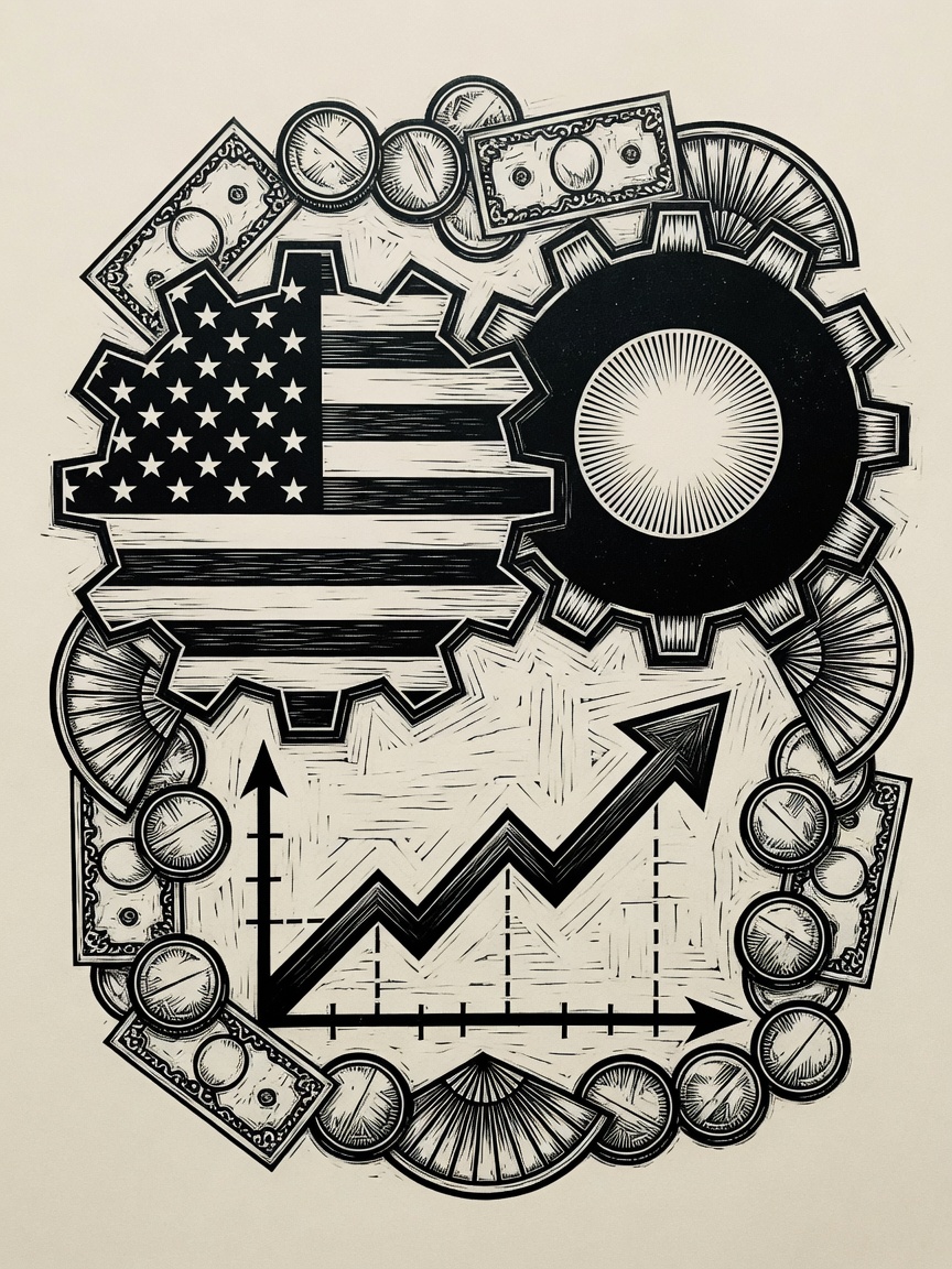 Illustration of American and Japanese flag-shaped gears interlocking above a rising currency chart with coins arranged in a circle.