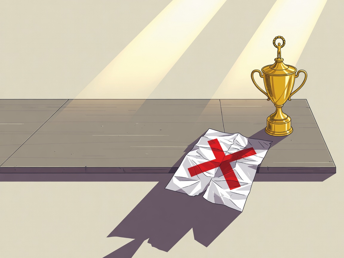 A golden football trophy sits on a conference table next to a rejected document marked with a red X.