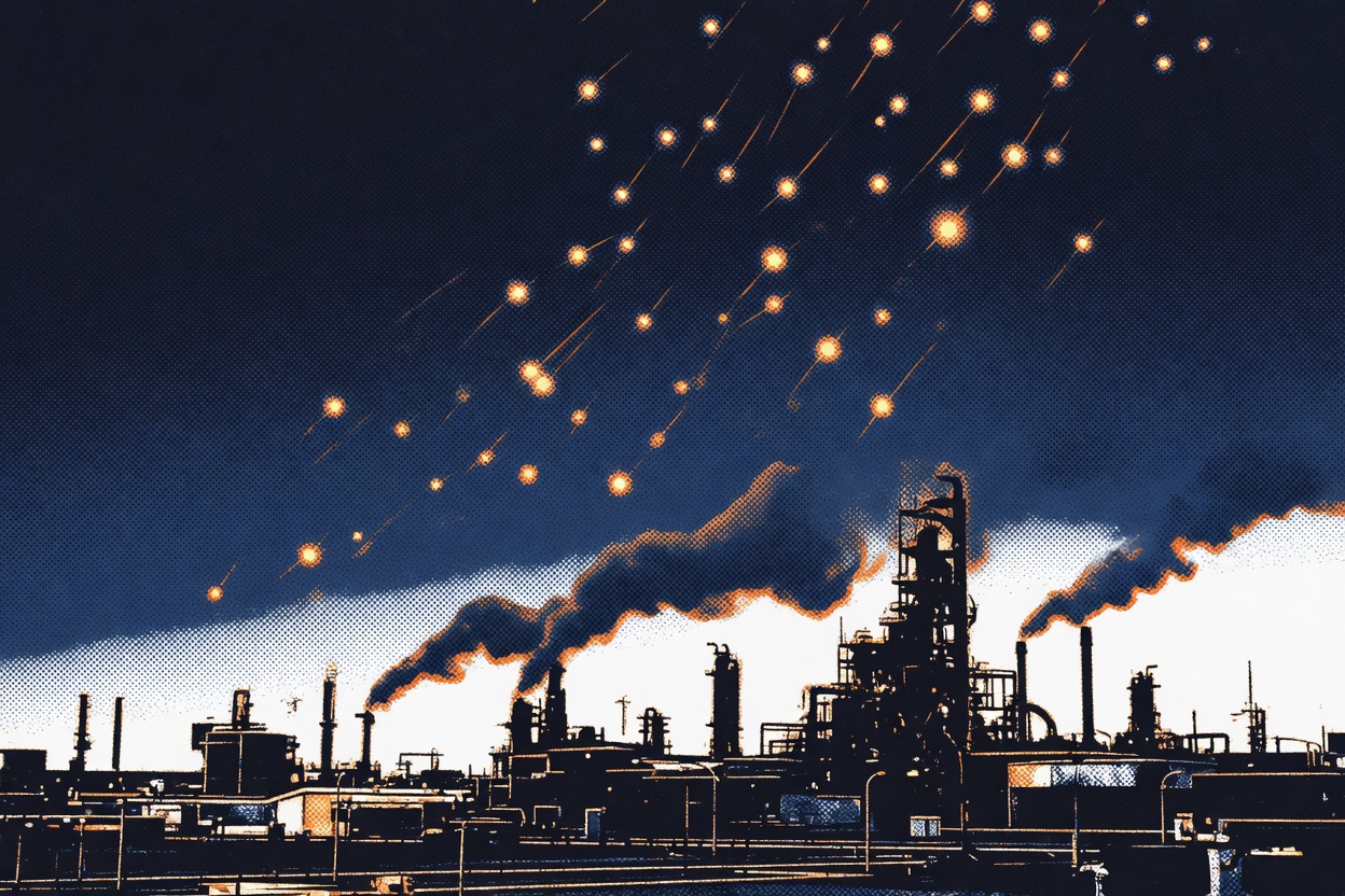 Illustration of drones descending over an industrial refinery at night, with smoke and fire visible against a dark sky.