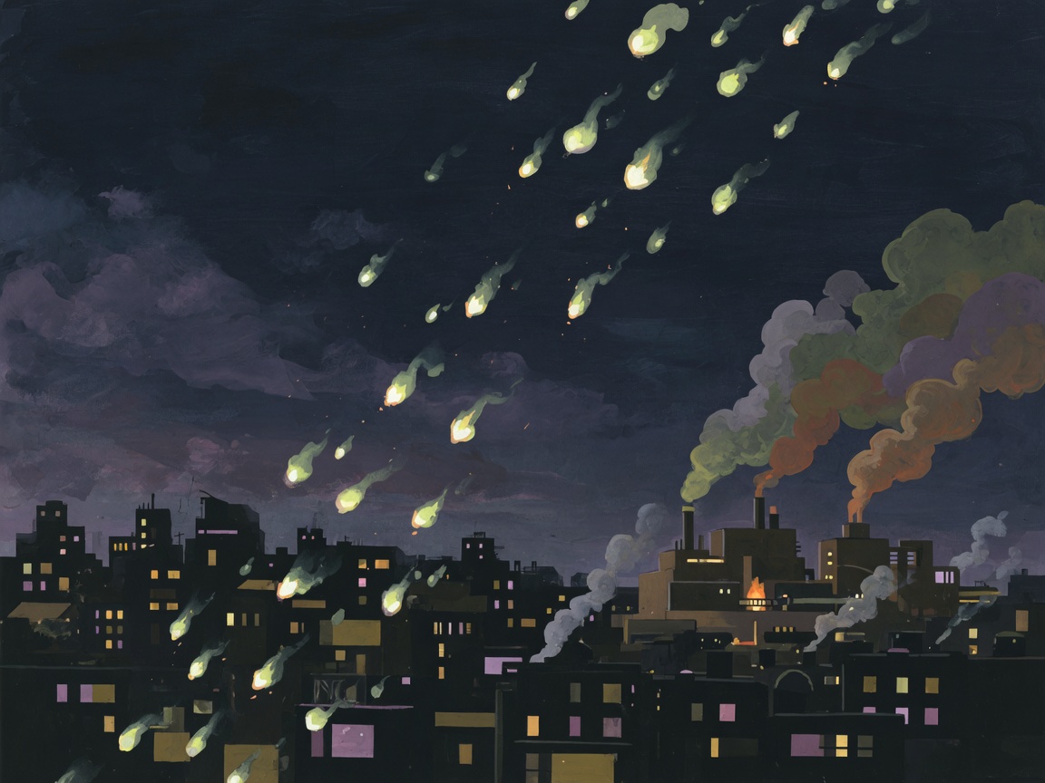 Illustration of a nighttime aerial bombardment over a city with smoke rising from an industrial complex in the distance.