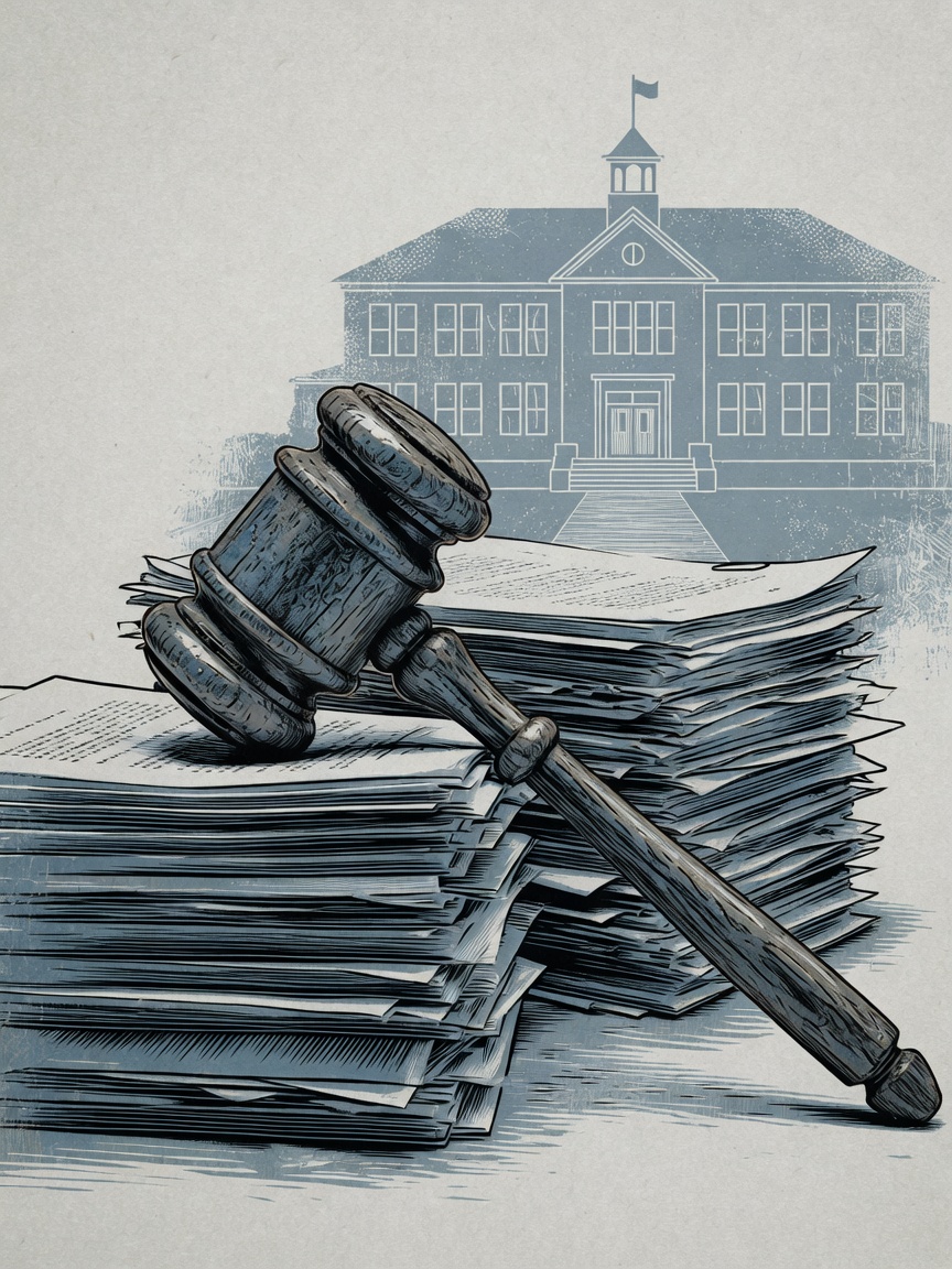 A wooden gavel on top of folded papers with a faint outline of a school building behind it