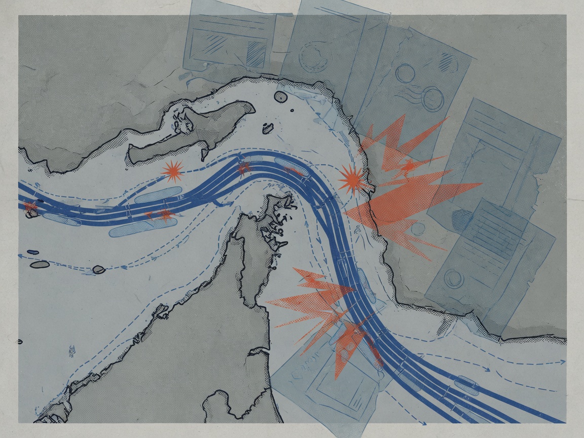 Abstract illustration showing the Strait of Hormuz shipping route with symbolic markers for military activity and diplomatic talks.