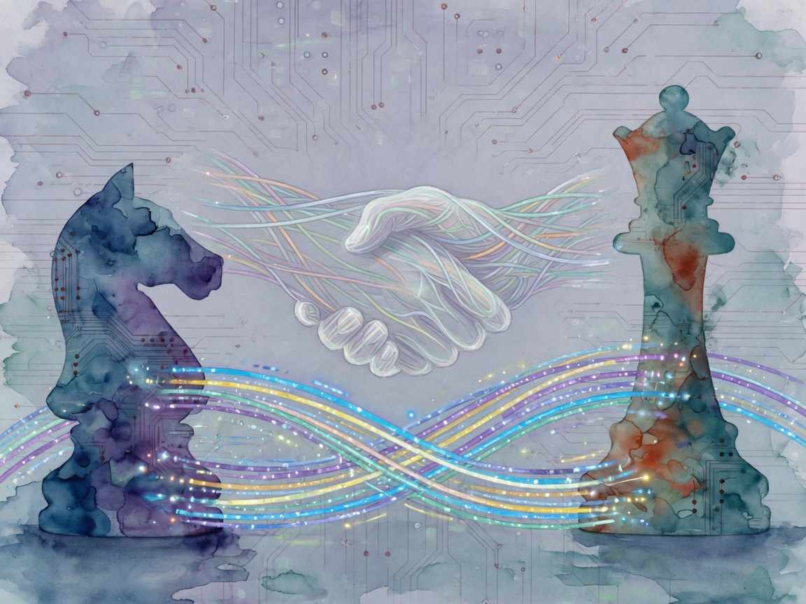 Conceptual illustration of two chess pieces facing each other across a circuit board connected by glowing data lines