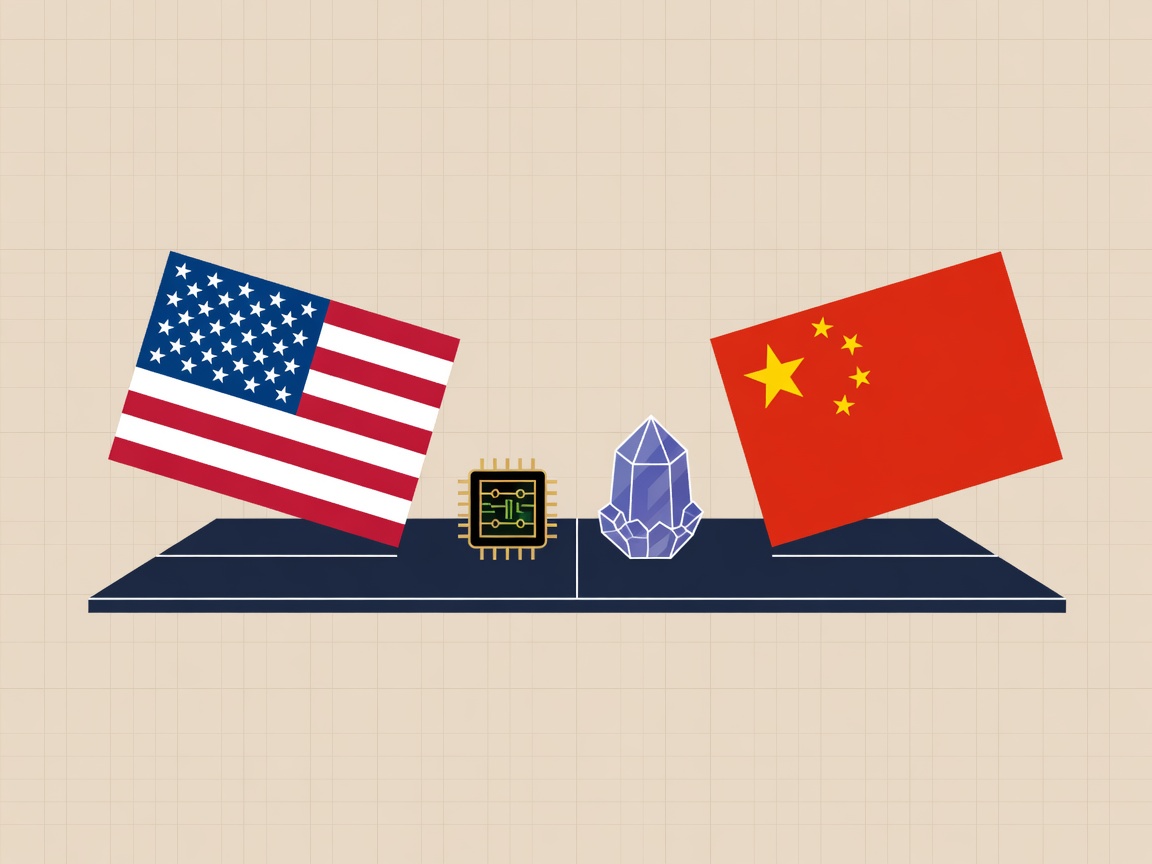 Minimalist illustration of American and Chinese flag motifs facing each other across a table with a microchip and mineral icon between them.