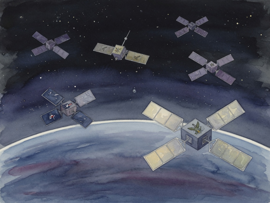 Illustration of satellites with military markings orbiting above Earth’s curved horizon against a dark space backdrop