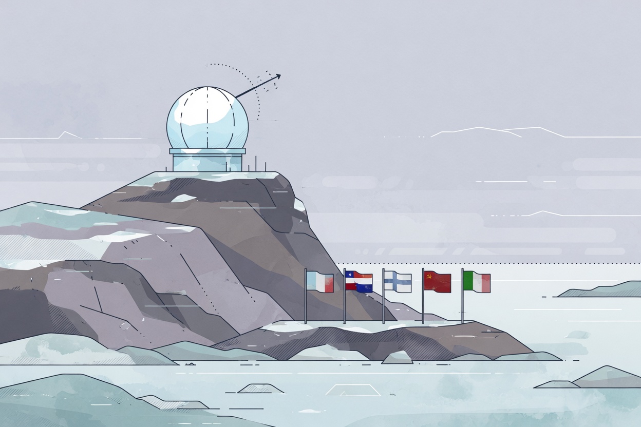 Illustration of an Arctic coastal promontory with a radar dome and faint flag silhouettes below a cold sky