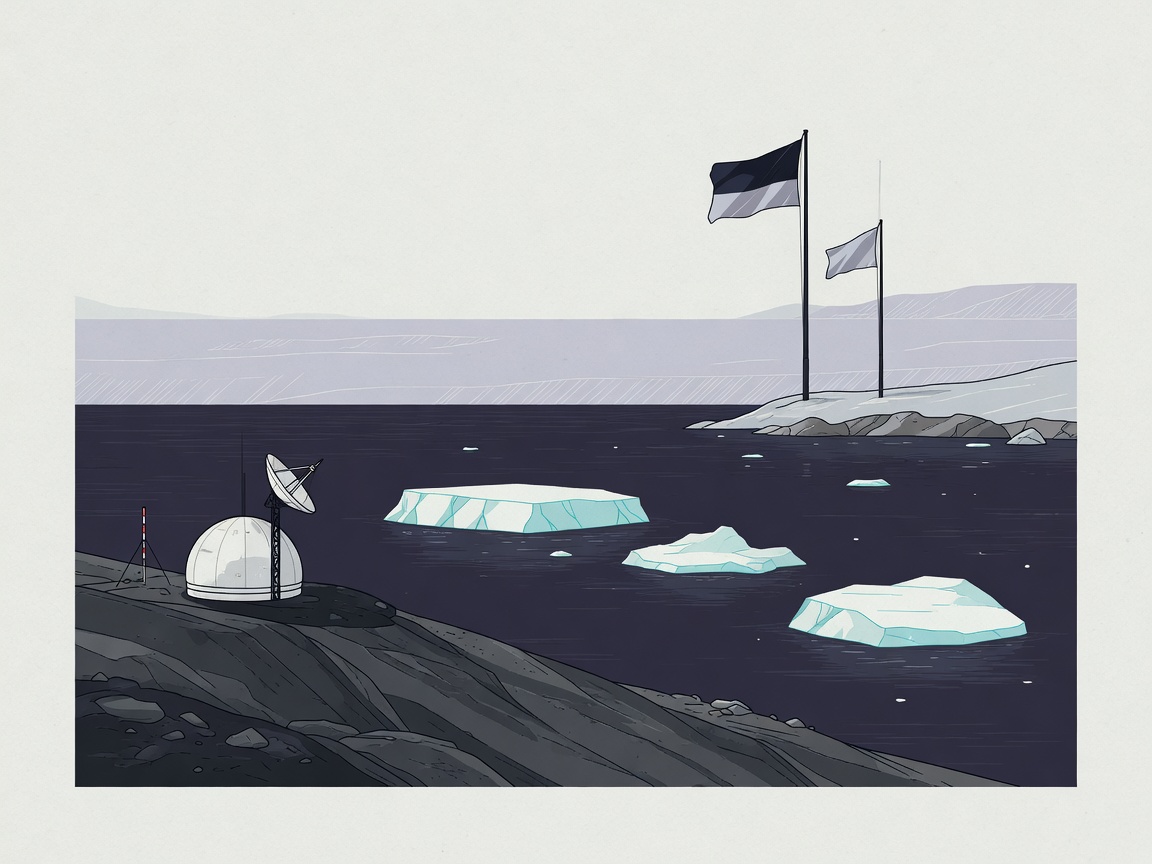 Arctic shoreline with icebergs and a radar dome under a pale sky, with two flagpoles in the distance.