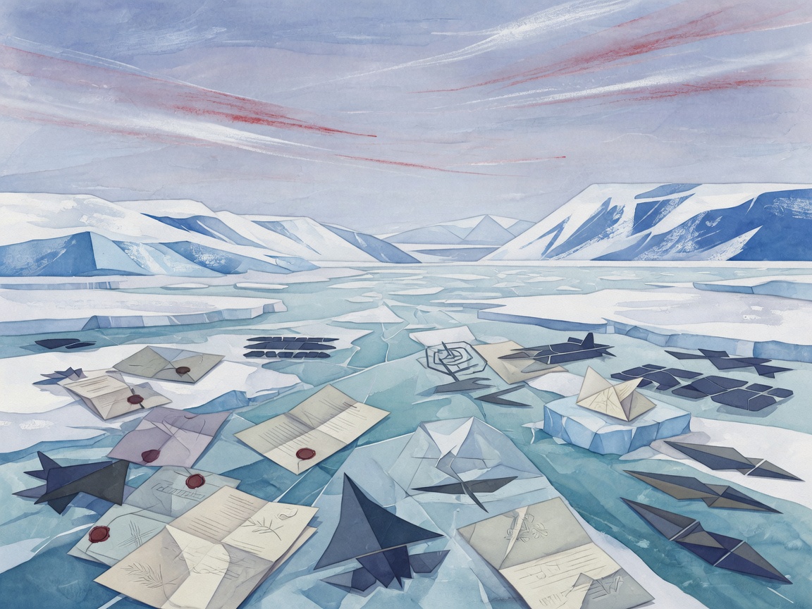 Abstract illustration of an Arctic landscape with military silhouettes and diplomatic documents in cold blue tones.