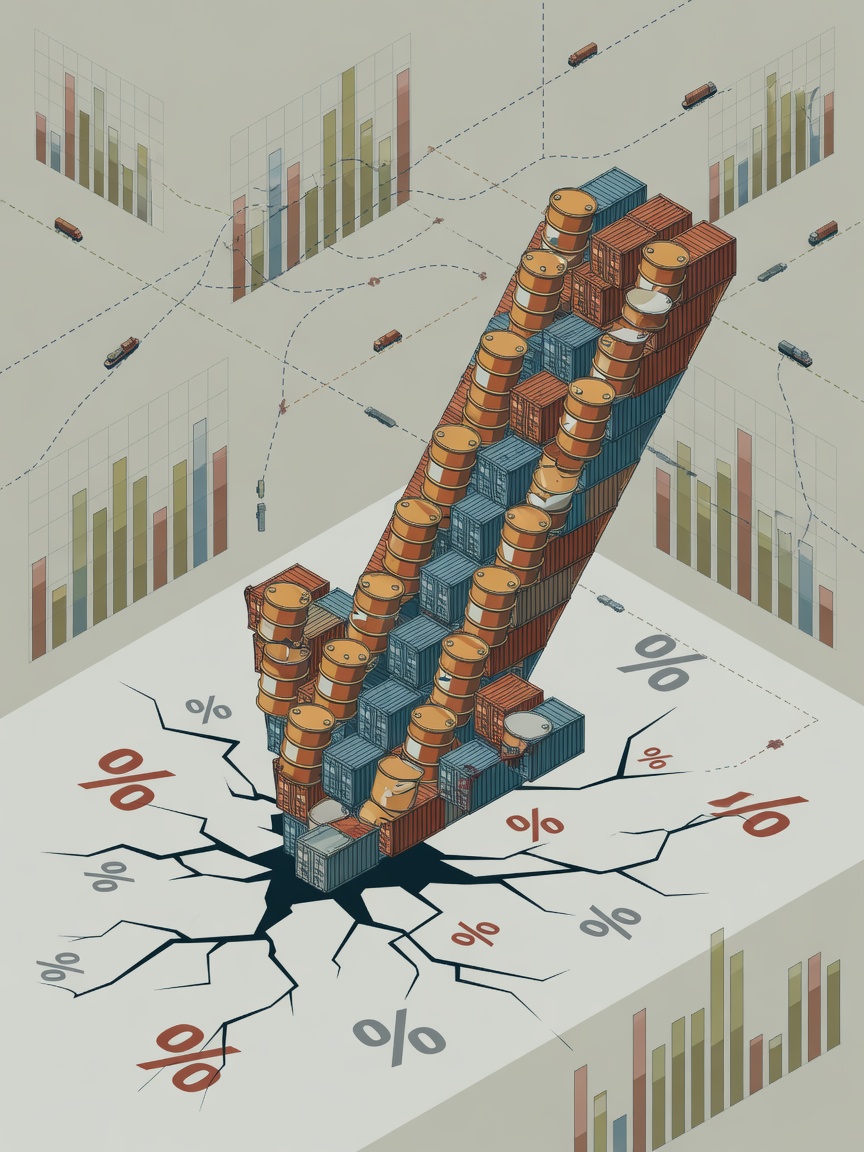 A conceptual illustration showing a downward arrow constructed from oil barrels and shipping containers, with jagged cracks spreading across a surface marked with percentage signs, set against a faded background of economic charts.