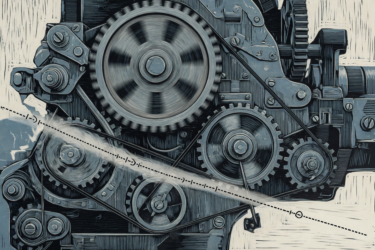 Illustration of a slowing economic engine with gears and a downward trend line