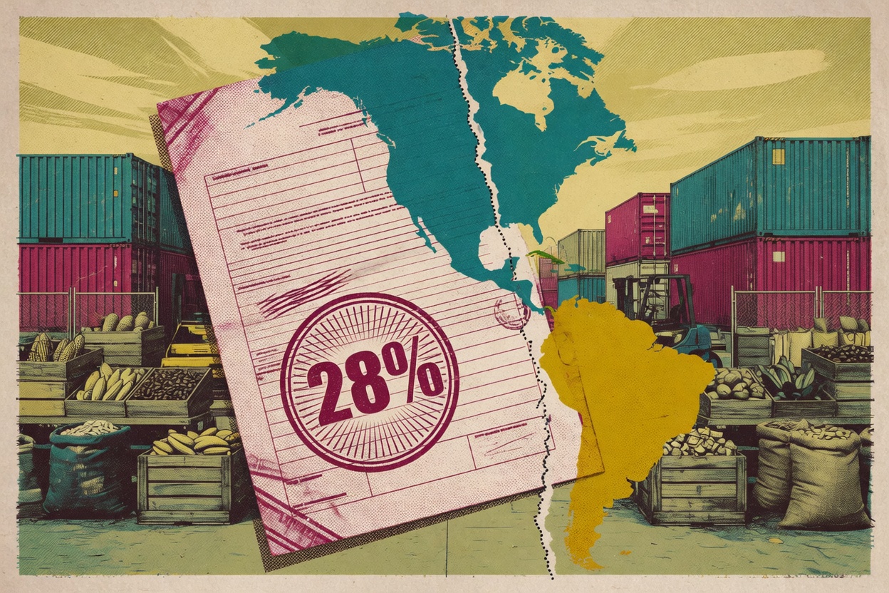 Illustration of a tariff notice bearing a percentage stamp set against a backdrop of hemispheric trade imagery including shipping containers and farm products.