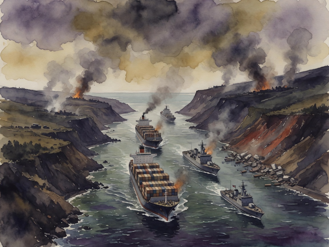 Illustration of a narrow ocean channel with cargo ships and military vessels under a smoky sky.