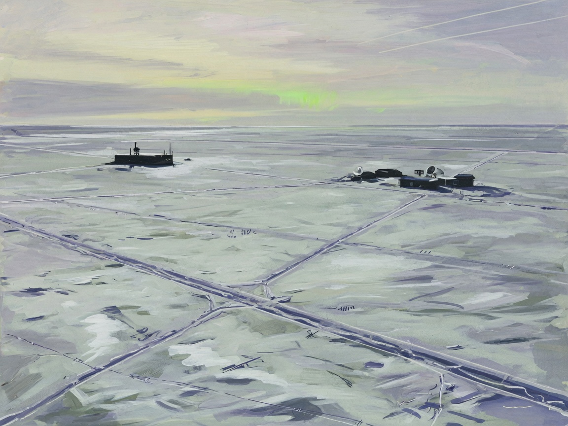 Minimalist Arctic landscape showing two distant military base silhouettes on ice under a wide northern sky.