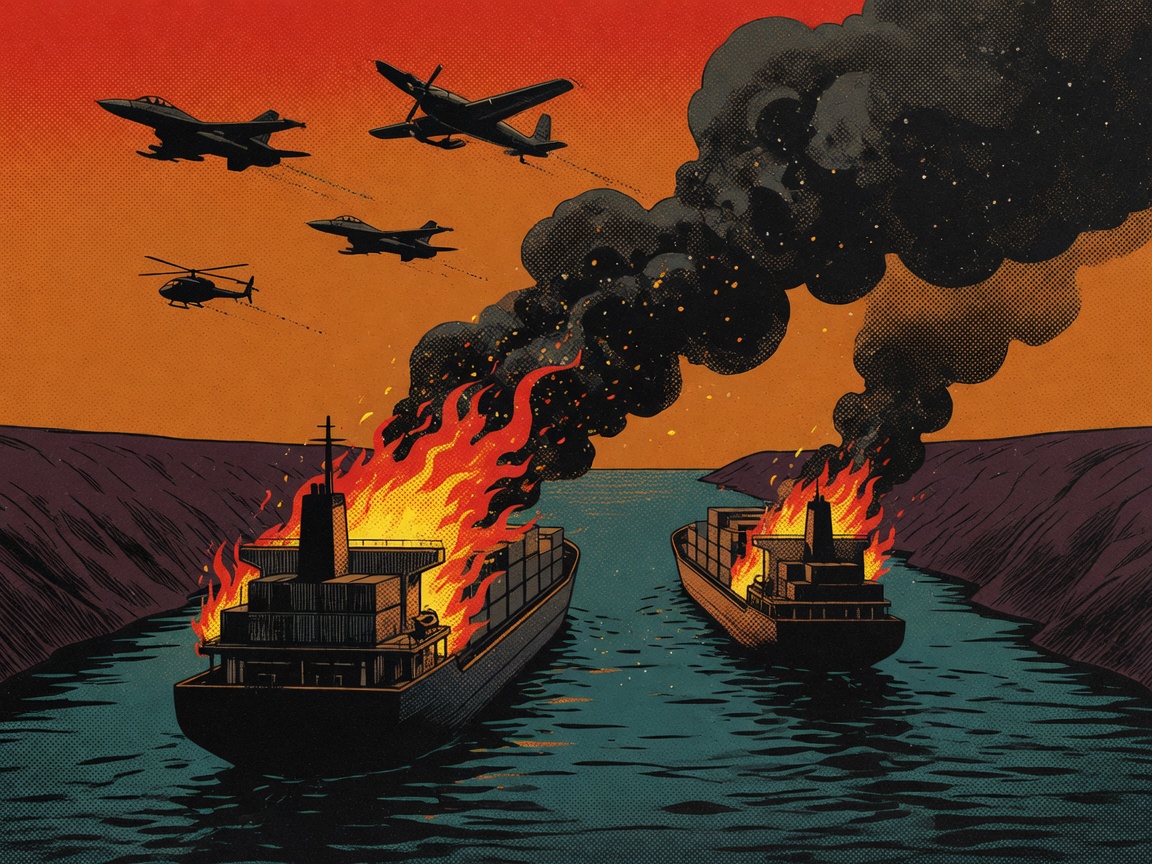 Illustration of two burning cargo ships in a narrow waterway with aircraft overhead.