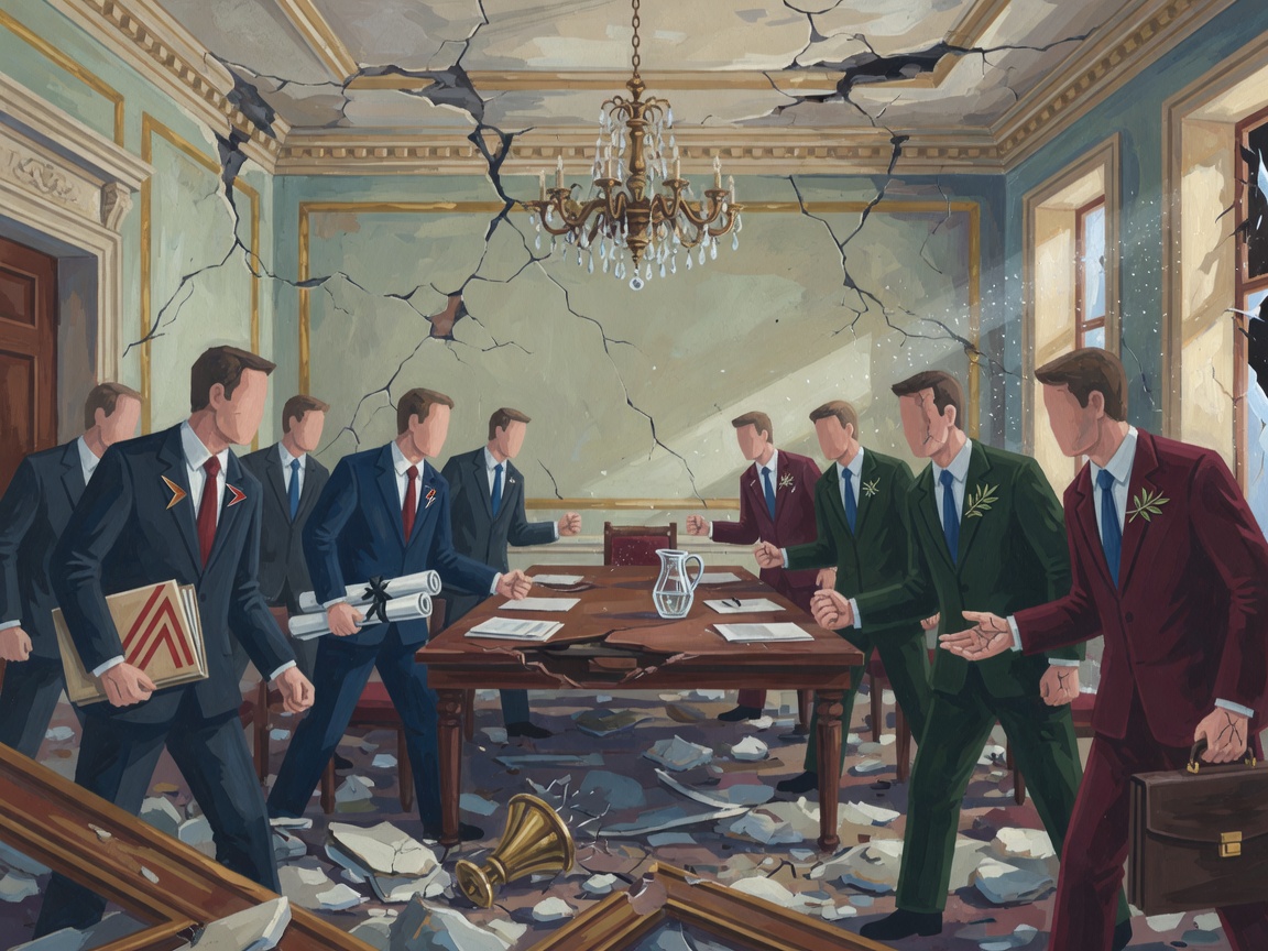 Two groups of faceless figures approach opposite ends of a long table in a room with cracked walls and debris on the floor.