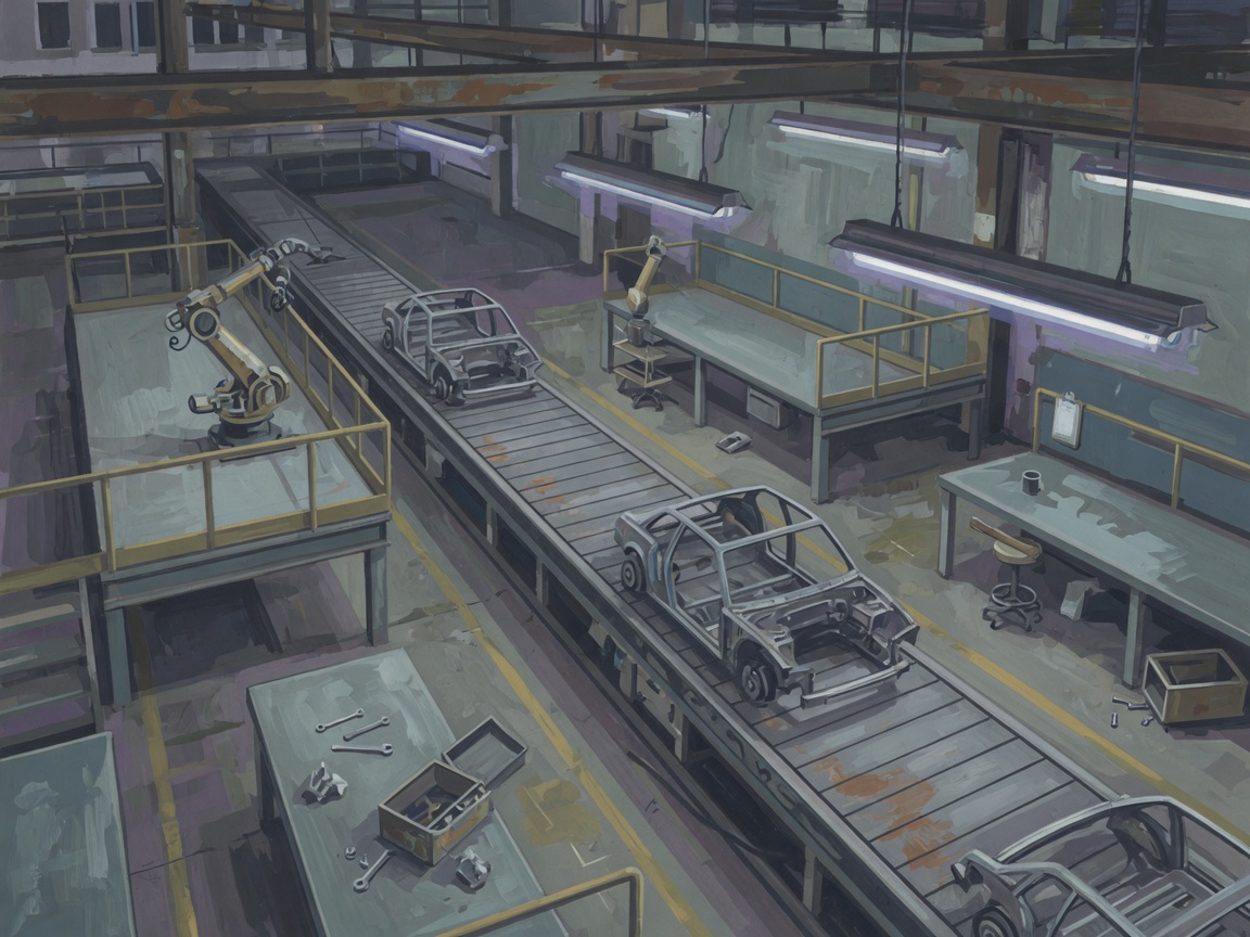 An empty car factory assembly line with unoccupied worker stations along a conveyor belt carrying a single car frame.