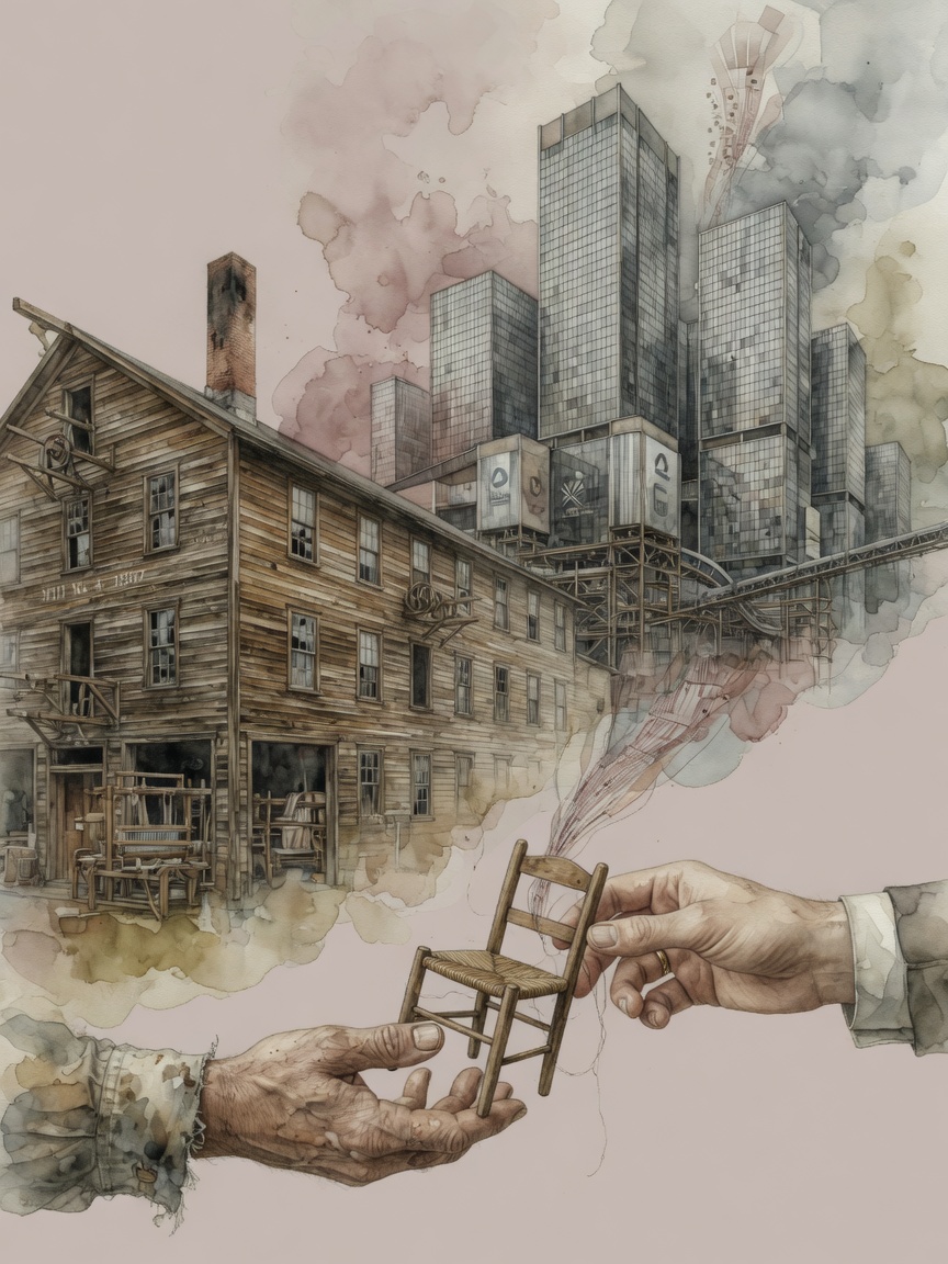 An old textile mill morphing into a modern corporate skyline with a chair being handed between two silhouetted hands